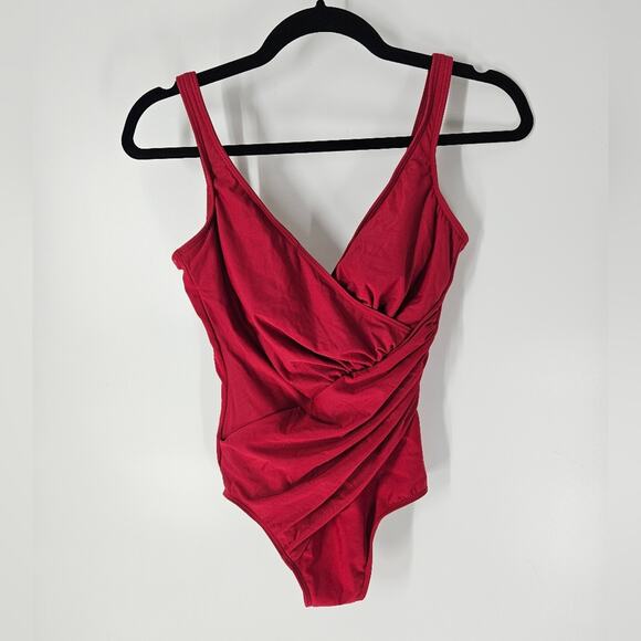 Miraclesuit Red Gathered V Neck One Piece Swimsuit 10 - Picture 1 of 12
